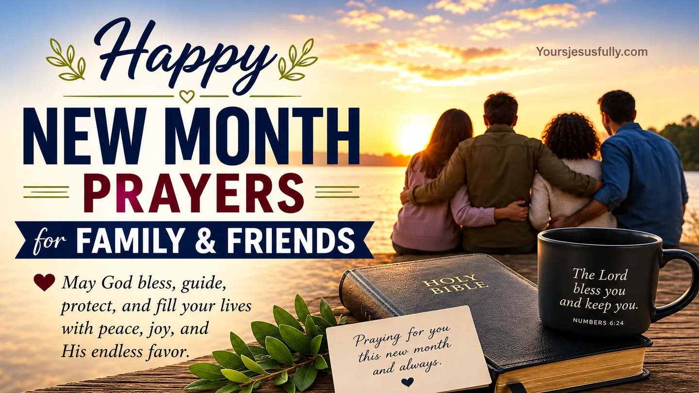 Happy new month prayer graphic for family and friends at sunset with a Bible and mug