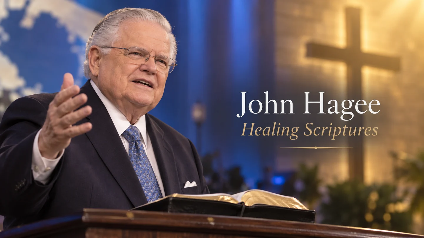 John Hagee speaking beside an open Bible and cross with the words Healing Scriptures
