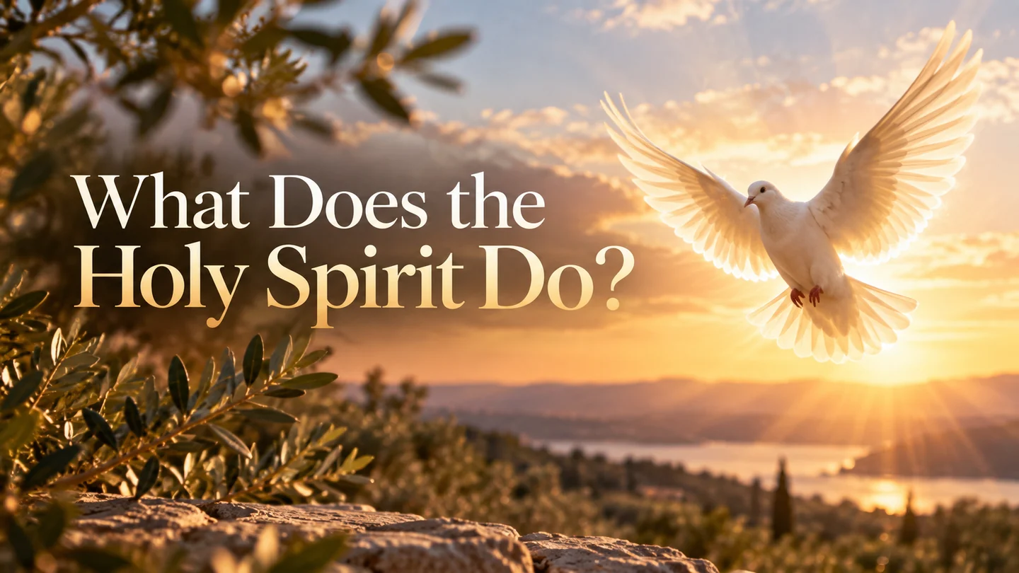 White dove in warm sunlight above a landscape with the words What Does the Holy Spirit Do?