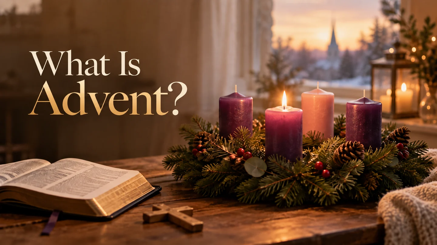 Advent wreath with four candles, an open Bible and a warm Christmas evening scene