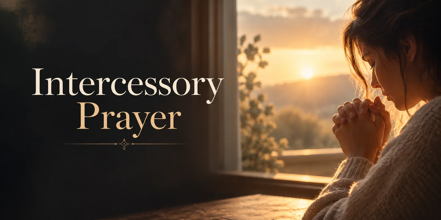 Woman praying quietly by a window at sunrise with the words Intercessory Prayer